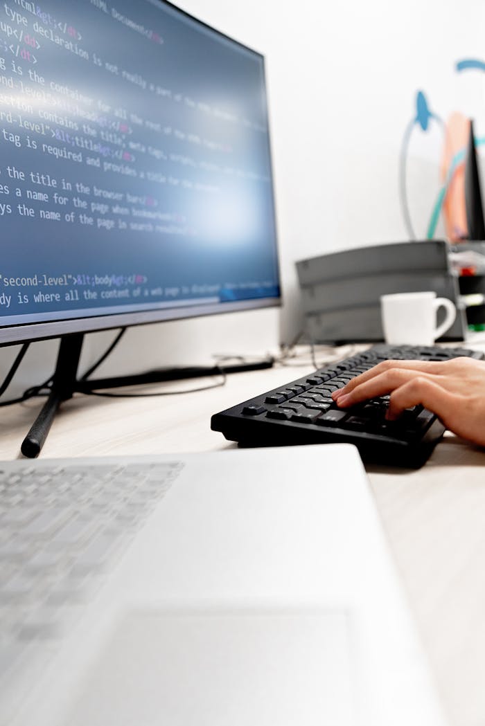Close-up of hands typing code on a computer monitor in an office setting.